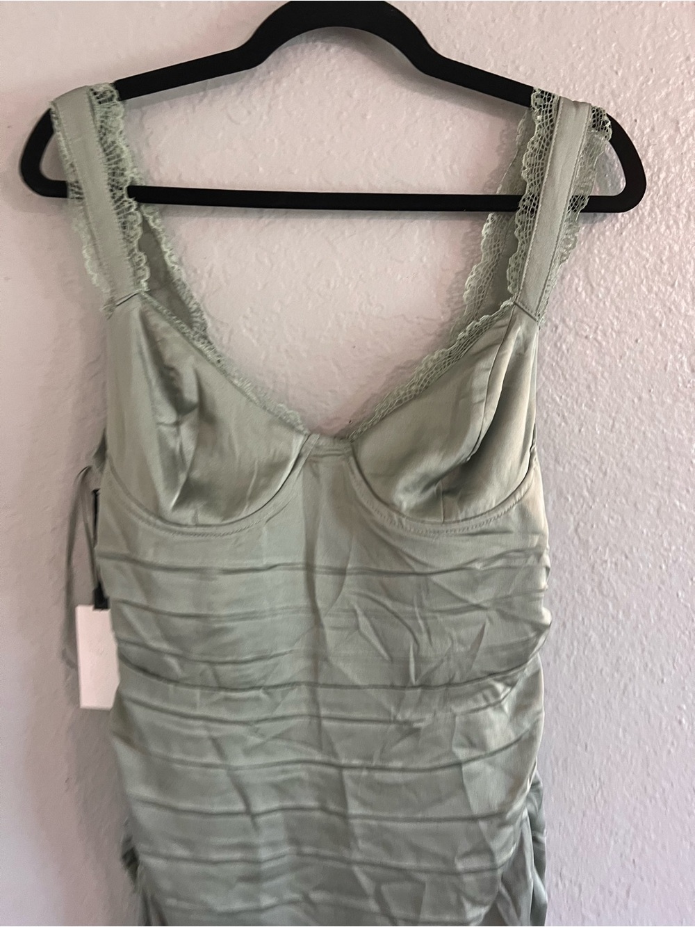 Astr Lace-Trim Satin Ruched Midi Dress in Sage Green - Picture 6 of 9